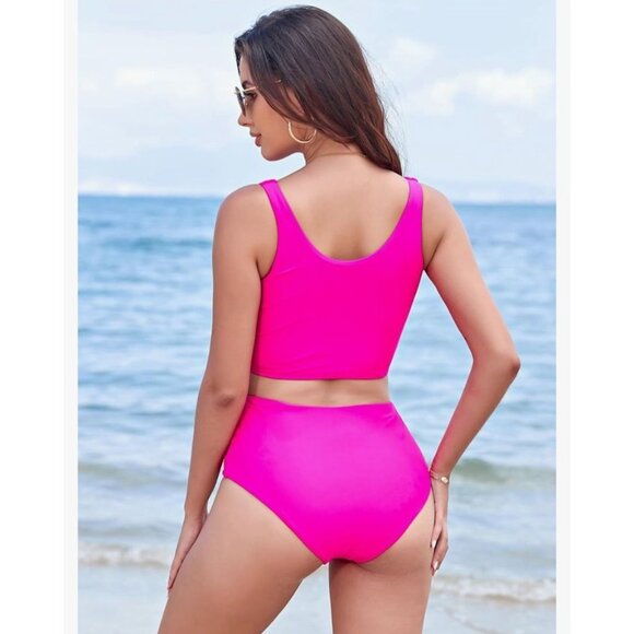 Hot Pink High-Waisted Two-Piece Bikini Set With Tank Top & Tie Detail Size M - Picture 2 of 9